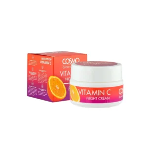 Cosmo Vitamin C Night Face Cream in a jar, a nourishing skincare moisturizer designed to brighten skin tone, reduce dark spots, and repair skin overnight for a smoother, glowing complexion.