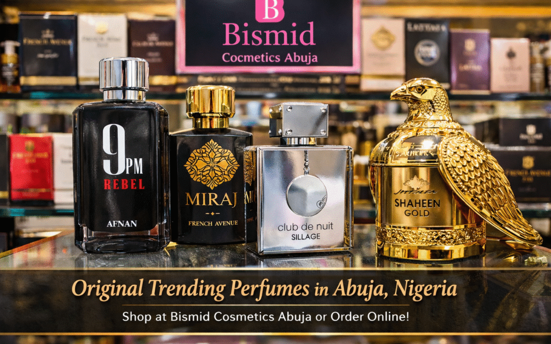 Original trending perfumes including Afnan 9PM Rebel, French Avenue Miraj, Lattafa Shaheen Gold at Bismid Cosmetics Abuja