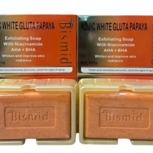Bismid Kojic White Gluta Papaya Exfoliating Tablet Soap with niacinamide, AHA and BHA for brightening skin and fading dark spots displayed as an authentic skincare product from Bismid Cosmetics Abuja