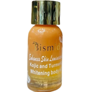 Bismid Kojic and Turmeric Body Oil bottle displayed on a clean background highlighting a brightening skincare oil for glowing, even-toned skin in Abuja Nigeria