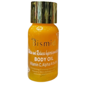 Bottle of Bismid Vitamin C and Alpha Arbutin Body Oil displayed with a luxurious glow, highlighting a premium skincare product designed for brightening skin, fading dark spots, and improving overall skin radiance.