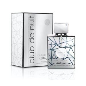 Elegant product image of Armaf Club de Nuit Sillage perfume bottle, featuring a sleek metallic silver design with a black cap, representing a fresh, woody, musky luxury fragrance for men and women, ideal for long-lasting daily wear and special occasions on an ecommerce store