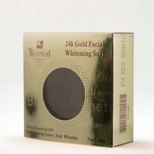 Bismid 24K Gold Soap displayed in luxury gold packaging, formulated to brighten dull skin, cleanse impurities, and promote a radiant glowing complexion for all skin types.