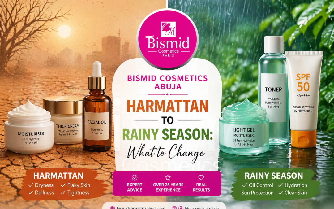 Bismid Cosmetics Abuja skincare products for Abuja harmattan to rainy season transition guide 2026