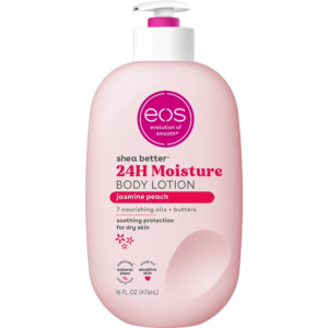 EOS Jasmine Peach Body Lotion bottle with a sleek design, showcasing a hydrating body moisturizer enriched with shea butter for soft, glowing skin
