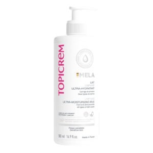 Topicrem Mela Unifying Ultra Moisturizing Milk bottle showcasing hydrating body lotion for even skin tone and dark spot correction