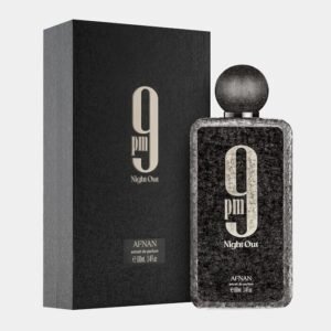 Afnan 9PM Night Out Perfume bottle showcasing a sleek luxury men’s fragrance with dark elegant design, ideal for evening wear and long-lasting performance
